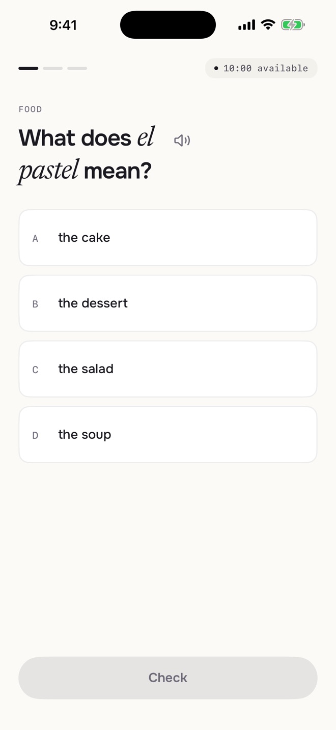 A question in 3toGo: What does el pastel mean? Four answers: the cake, the dessert, the salad, the soup.