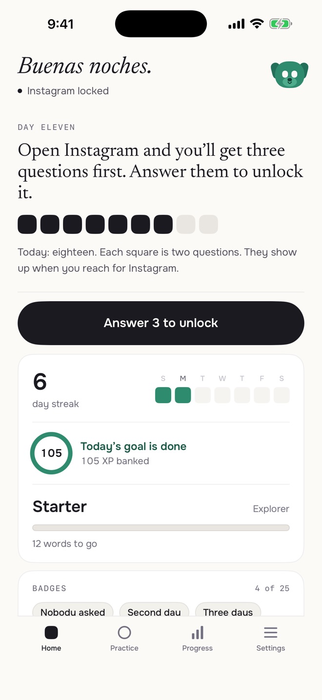 3toGo home screen showing Instagram locked and a button to answer 3 questions to unlock it.