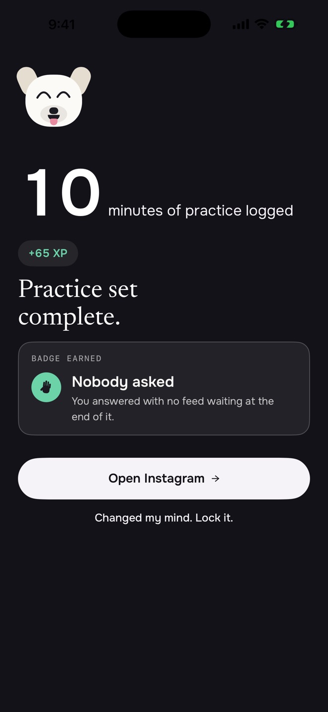 After the questions, 3toGo shows the practice logged and a button to open Instagram.